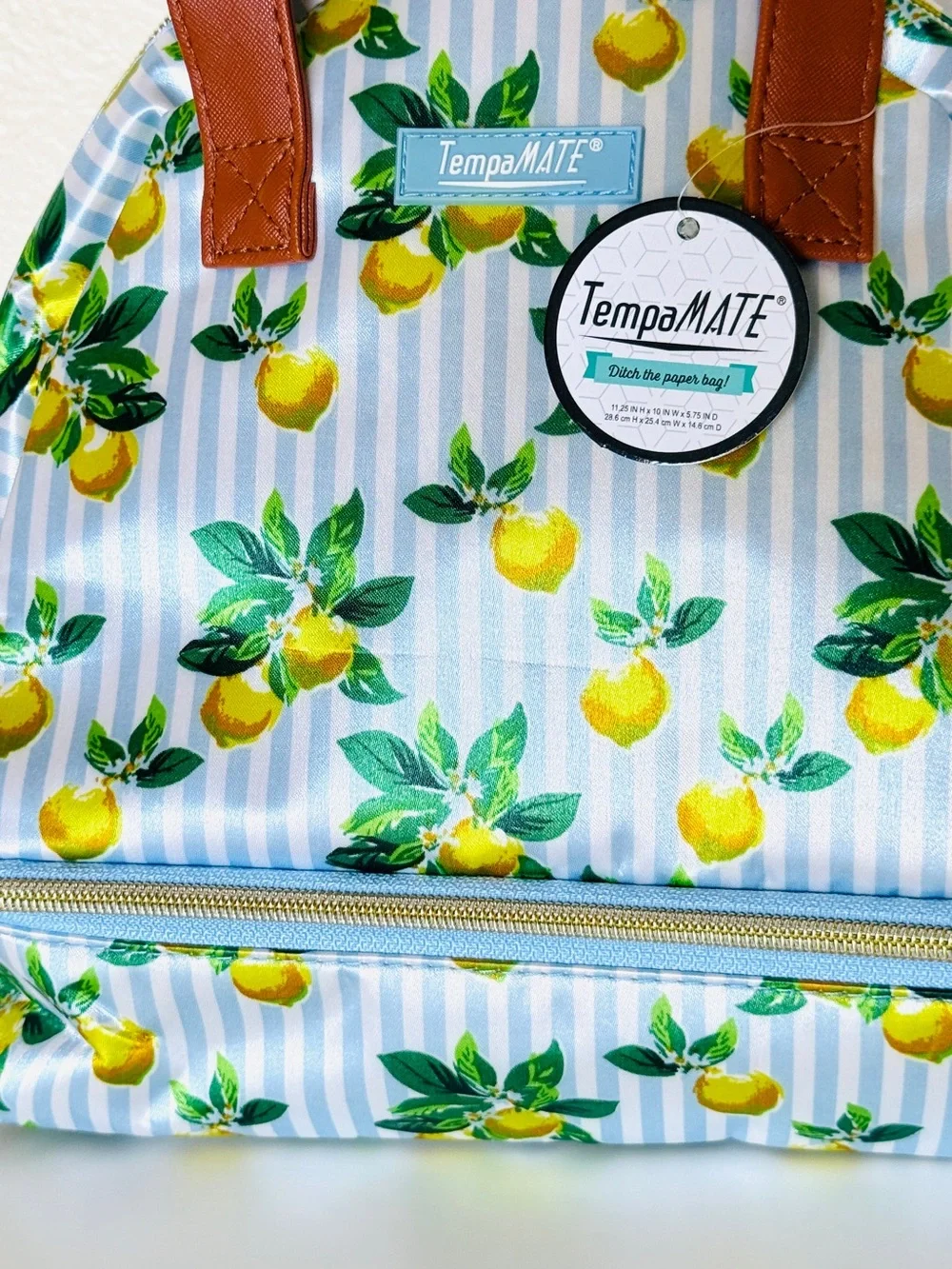 NWT TempaMATE Lemon Print Insulated Lunch Bag Dual Compartment Cooler Tote